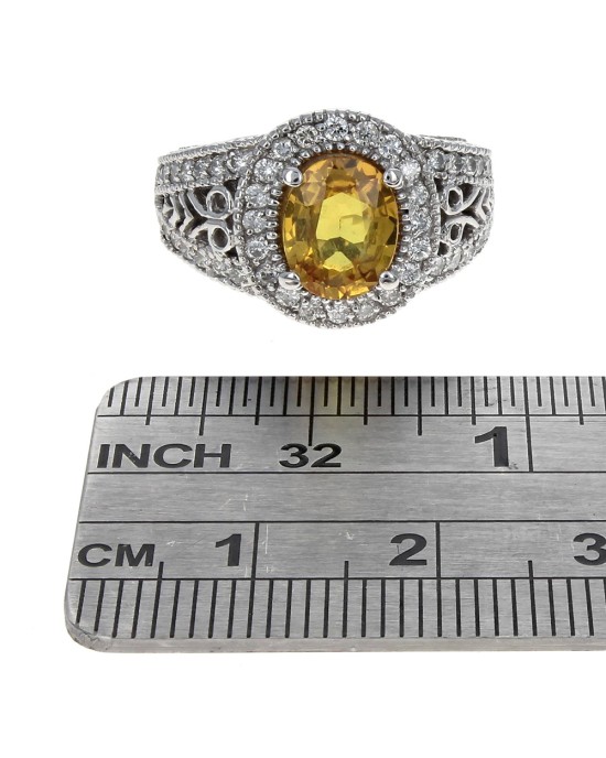 Yellow Sapphire and Diamond Halo Split Shank Ring